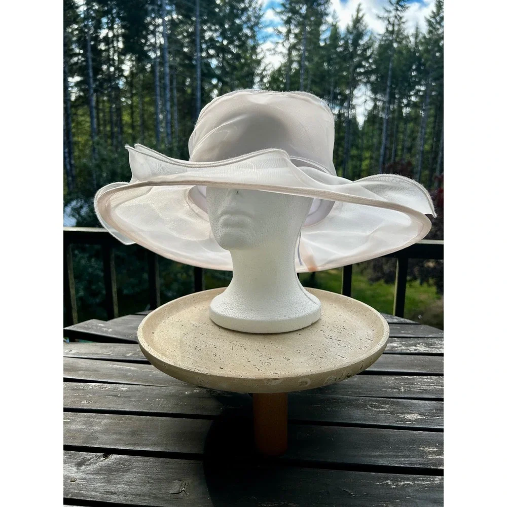 Women Blush Pink Sheer Organza Wide Brim Church Derby Hat Cream Floral Tea Party